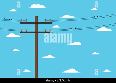 poteau en bois avec fils haute tension sur fond ciel illustration vectorielle d'électricien Illustration de Vecteur