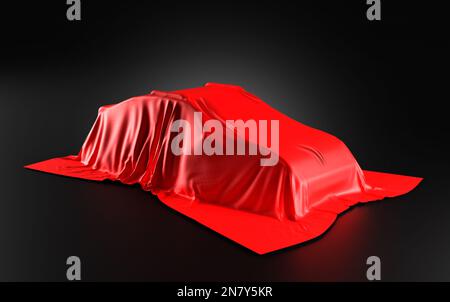 Voiture recouverte d'un tissu Satin rouge dans une exposition pour dévoiler sur fond noir - 3D rendu d'illustration Banque D'Images