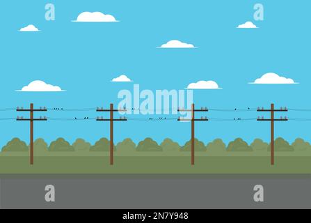 poteau en bois avec fils haute tension sur fond ciel illustration vectorielle d'électricien Illustration de Vecteur