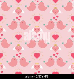 Pink Lovebirds Valentines Day Vector Repeat Pattern Background Design Illustration de Vecteur