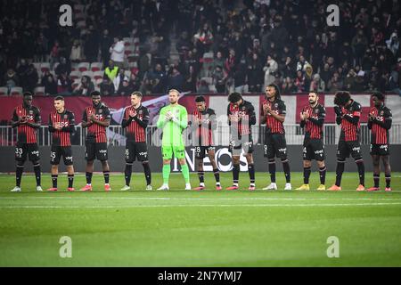 Nice, France. 10th févr. 2023. L'équipe de Nice lors du championnat de France 1 match de football de la Ligue entre l'OGC Nice et AC Ajaccio sur 10 février 2023 au stade Allianz Riviera à Nice, France - photo Matthieu Mirville / DPPI crédit: DPPI Media/Alay Live News Banque D'Images