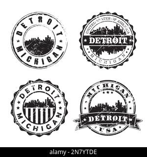 Detroit Michigan Stamp marque de poste Skyline. Passeport postal Silhouette. Jeu d'icônes City Round Vector. Postage vintage Illustration de Vecteur