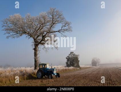 Tracteur Ford 4000 Pre-Force 1966 Vintage dans un paysage gelé Banque D'Images