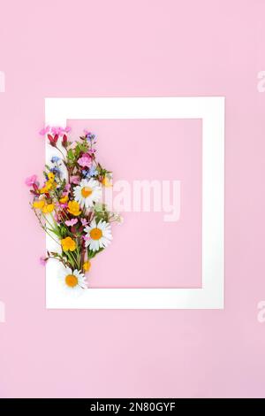 Bordure abstraite posy de fleur sauvage européenne sur fond rose. Cadre abstrait minimaliste, belle composition nature de printemps pour la fête des mères, anniversaire. Banque D'Images