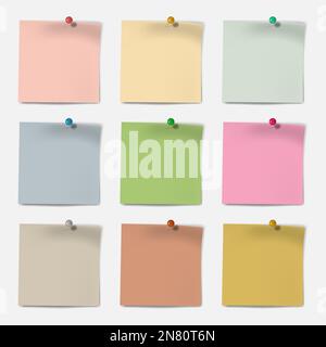 Feuille de papier pour notes de couleur avec jeu de maquettes vectorielles à punaise. Autocollant mémo, rappel - maquette Illustration de Vecteur