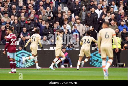 Joao Felix de Chelsea célèbre le premier but de leur côté du jeu lors du match de la Premier League au stade de Londres. Date de la photo: Samedi 11 février 2023. Banque D'Images