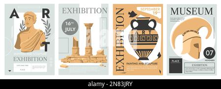 Affiches d'exposition d'antiquités. Design contemporain de flyer de musée avec ruines antiques et sculptures grecques pour l'invitation, le magazine ou la couverture d'événement. Vecteur Illustration de Vecteur