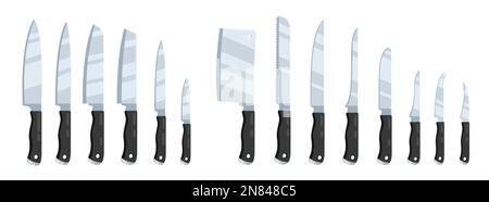 Couteaux de cuisine. Couteau à lame effilée de dessin animé, variété de vaisselle outils de cuisine en acier inoxydable, équipement de chef plat style. Ensemble vectoriel isolé Illustration de Vecteur