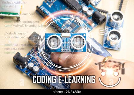 Le concept d'écriture d'un ensemble d'instructions ou d'un programme informatique sous forme de code, d'un système de gestion de l'enseignement par le biais d'un réseau. Banque D'Images