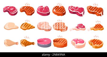 Filet de viande. Steaks de boucherie en tranches de dessin animé pour barbecue, porc grillé cuit, côtelette d'agneau de bœuf cru, concept de produits frais. Vecteur Illustration de Vecteur