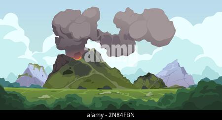 Fond d'éruption volcanique. Paysage naturel avec éruption volcanique active, coulées de lave et fumée, sommet de montagne avec cratère et magma. Vecteur Illustration de Vecteur