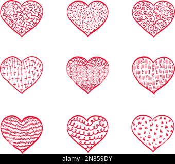 Icônes en forme de coeur, icônes dessinées à la main pour les Saint-Valentin et mariage en couleur rouge pour les Saint-Valentin. Collection de coeurs vectoriels de grunge pour le mariage. Fait de craie et Illustration de Vecteur