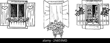 Illustration de dessin de fenêtre décorative. Ensemble de dessins vectoriels vintage dessiné à la main Illustration de Vecteur