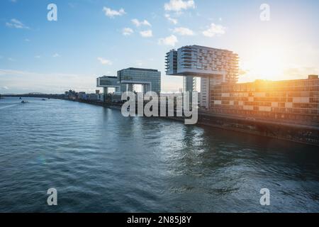 Rheinauhafen Skyline au bord du Rhin avec les bâtiments Kranhaus - Cologne, Allemagne Banque D'Images