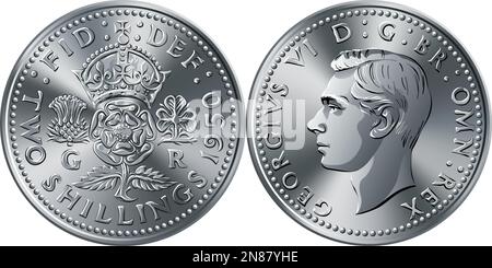 La monnaie britannique deux shillings, le roi George VI florin, inverse avec la rose couronnée, le chardon et shamrock, l'inverse avec le roi Illustration de Vecteur