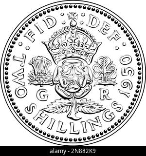 Monnaie britannique deux shillings, le roi George VI florin, à l'envers avec la rose couronnée, le chardon et le shamrock, noir et blanc Illustration de Vecteur