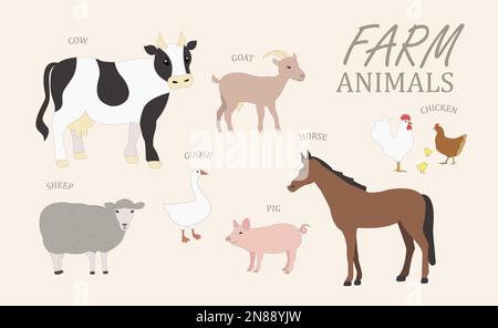 Animaux de ferme, vache, porc, cheval, mouton. chèvre, poulet, oie, volaille, ensemble de style esquisse avec les animaux, animaux réalistes ensemble pour le purpuse éducatif. Illustration de Vecteur