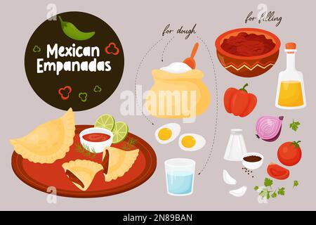 Recette mexicaine d'empanadas avec ingrédients de remplissage. Illustration vectorielle. Cuisine traditionnelle latino-américaine Illustration de Vecteur