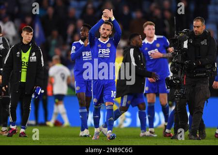 James Maddison, de Leicester City, célèbre la victoire lors du match de la Premier League entre Leicester City et Tottenham Hotspur au King Power Stadium, Leicester, le samedi 11th février 2023. (Photo : Jon Hobley | MI News) Credit: MI News & Sport /Alay Live News Banque D'Images