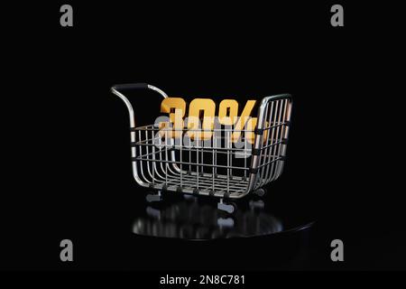 3d achat de panier avec 30% de réduction pour le shopping en ligne et le concept de supermarché. 3d icône de produits de panier et étiquette de récompense. Sac à acheter Banque D'Images