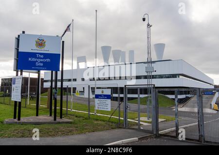 Ancien bâtiment de la station de recherche en génie du British Gas Council, à Killingworth, au nord de Tyneside, au Royaume-Uni, maintenant un site du conseil. Banque D'Images