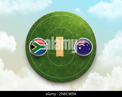 Illustration en 3D des drapeaux de cricket entre l'Afrique du Sud et l'Australie avec bouclier dans un stade de cricket Banque D'Images