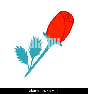 Bouton de rose sur la tige avec des feuilles, illustration vectorielle plate de style Doodle Illustration de Vecteur