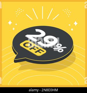 29 % de réduction. 3D ballon flottant avec promotion pour les ventes sur fond jaune Illustration de Vecteur