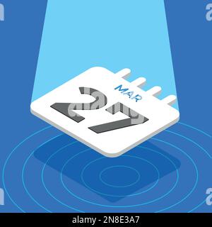 27 mars - 3D Calendrier blanc flottant avec un spot sur fond bleu Illustration de Vecteur