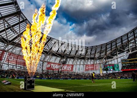 Dublin, Irlande. 12th févr. 2023. Le spectacle pyrotechnique lors du match de la coupe Guinness six Nations Round 2 entre l'Irlande et la France au stade Aviva à Dublin, Irlande sur 11 février 2023 (photo par Andrew SURMA/ Credit: SIPA USA/Alay Live News Banque D'Images