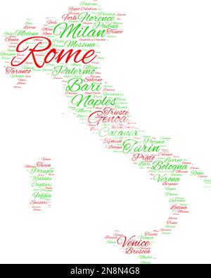 Le nuage de mots en forme d'Italie contient de grandes villes.Texte rouge et vert sur fond blanc, illustration vectorielle Illustration de Vecteur