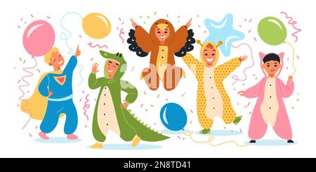 Kigurumi pyjama fête enfants composition enfants en costume de superman crocodile oiseau et d'autres et ballons volant autour de l'illustration vectorielle Illustration de Vecteur