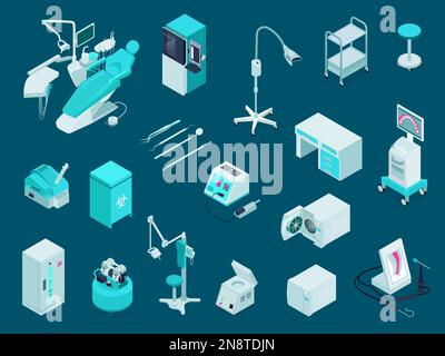 Ensemble d'équipements dentaires isométriques avec unité de chaise 3D isolée scanner à rayons X pupitre d'instruments d'autoclave sur fond de couleur illustration vectorielle Illustration de Vecteur