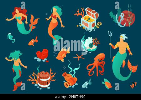 Ensemble avec des icônes isométriques du monde sous-marin isolé de sirène avec des personnages sans visage de l'herbe de mer et des poissons flottants illustration de vecteur Illustration de Vecteur