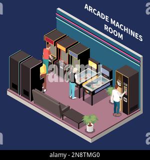 Jeux d'intérieur et de table concept isométrique avec des personnes dans l'arcade machine salle scénario illustration Illustration de Vecteur