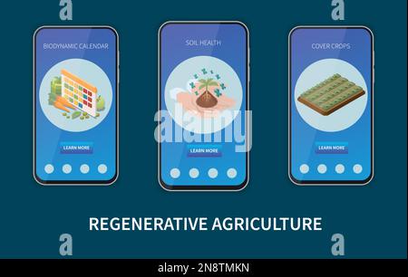 Ensemble isométrique pour l'agriculture régénératrice avec modèles d'applications mobiles permettant une illustration de vecteur isolé en pleine croissance de cultures saines Illustration de Vecteur