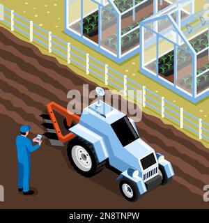 La composition intelligente isométrique de l'exploitation est une personne qui contrôle le tracteur à l'aide d'une illustration vectorielle de smartphone ou de tablette Illustration de Vecteur