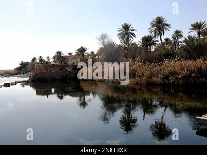 Irak, Irak. 10th févr. 2023. Les touristes apprécient la vue à proximité des roues d'eau, également connues sous le nom d'al-Nawaeer, dans la ville de Haditha, au nord-ouest de Bagdad, Irak, le 10 février 2023. À cheval sur l'Euphrate, la ville de Haditha, à environ 200 km au nord-ouest de la capitale iraquienne Bagdad, est célèbre pour ses anciennes roues d'eau encore en état de fonctionnement, qui sont déplacés par le débit de la rivière pour élever l'eau de la rivière vers les hautes terres agricoles, en particulier lorsque les niveaux d'eau de la rivière ont reculé. Credit: Khalil Dawood/Xinhua/Alamy Live News Banque D'Images