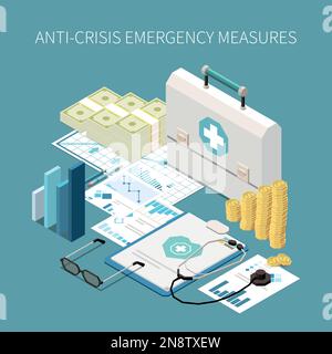 Concept isométrique de gestion de crise avec kit de sécurité financière pour illustration de vecteur commercial Illustration de Vecteur