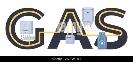 Texte plat au gaz avec appareil de mesure domestique et réservoir sur fond blanc illustration vectorielle Illustration de Vecteur