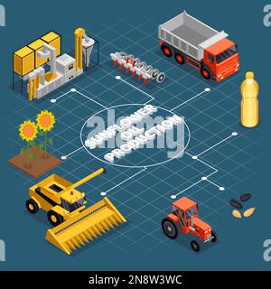 Production de tournesol composition isométrique avec organigramme de tracteurs chariots irriguant des appareils machines usines et texte modifiable vecteur illustrat Illustration de Vecteur