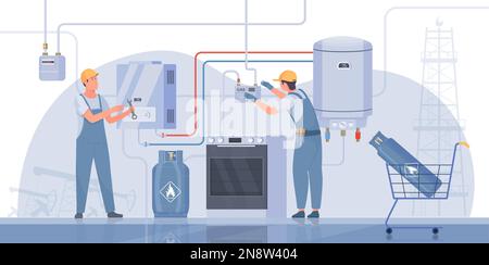 Illustration de deux techniciens qui fixent des appareils à gaz domestiques et qui installent un réservoir à vecteur plat Illustration de Vecteur