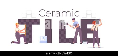 Carreaux de céramique texte plat avec trois ouvriers faisant le travail de mosaïque illustration vectorielle Illustration de Vecteur