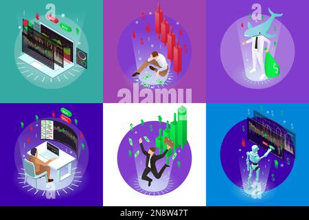 Jeu de négociation avec des compositions rondes isolées de barres isométriques et des icônes de graphique avec l'illustration de vecteur de caractères cyber-humains Illustration de Vecteur