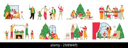 Noël plat couleur ensemble de membres de la famille cuisiner des plats de fête décoré pin célébrant les vacances ensemble illustration vectorielle Illustration de Vecteur