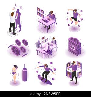 Ensemble de compositions isométriques de couleur métaverse avec des blocs de réalité virtuelle, des écrans de portefeuilles crypto et des illustrations vectorielles de personnages humains Illustration de Vecteur