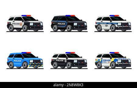 Jeu plat de voitures de police de différentes couleurs isolé contre l'illustration vectorielle de fond blanc Illustration de Vecteur