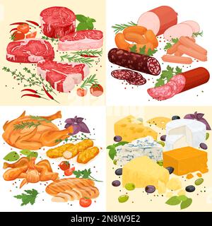 Ensemble plat de produits de viande avec compositions carrées de steaks servis saucisses de porc jambon bacon et illustration de vecteur de fromage Illustration de Vecteur