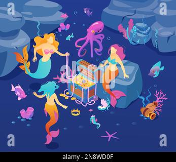 Composition isométrique de sirène du monde sous-marin avec des mermaid entourant le coffre du Trésor avec poissons étoiles de mer et illustration vectorielle de coraux Illustration de Vecteur