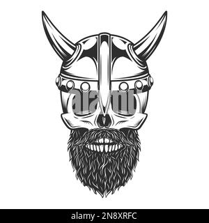 Crâne vintage monochrome avec barbe et moustache dans un casque viking avec illustration vectorielle à corne Illustration de Vecteur